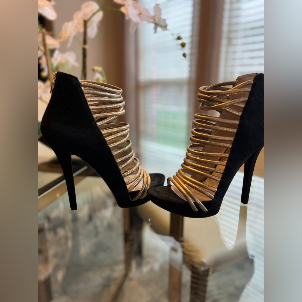 Michael Kors Black And Gold Strappy Stiletto Sandal- size 11